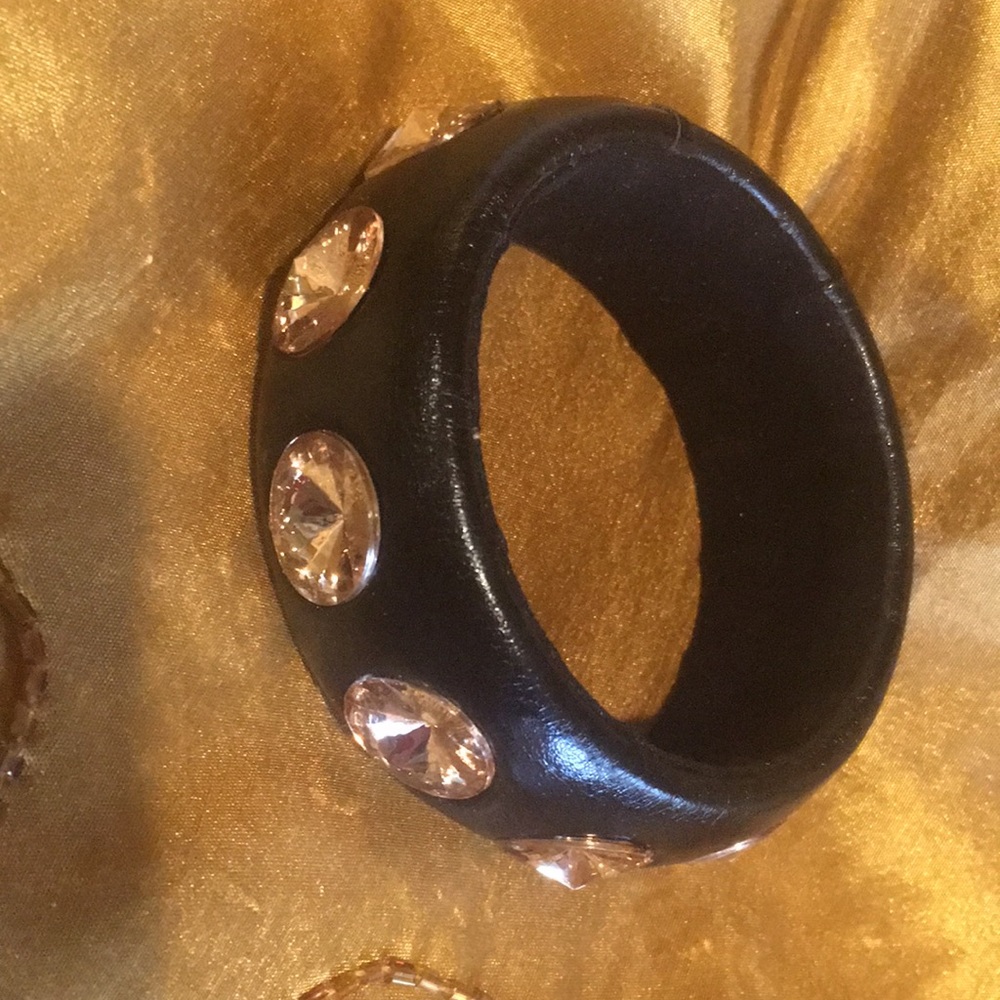 Retro Black Leather Like Bracelet With Rhinestone Studs
